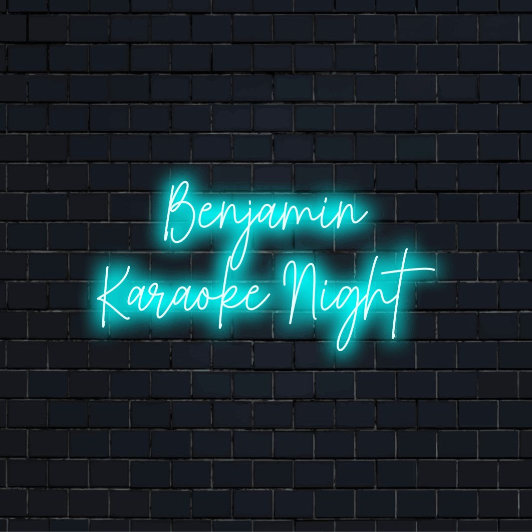 Benjamin Karaoke Night Custom Name Neon Sign, glowing lettering on dark brick wall