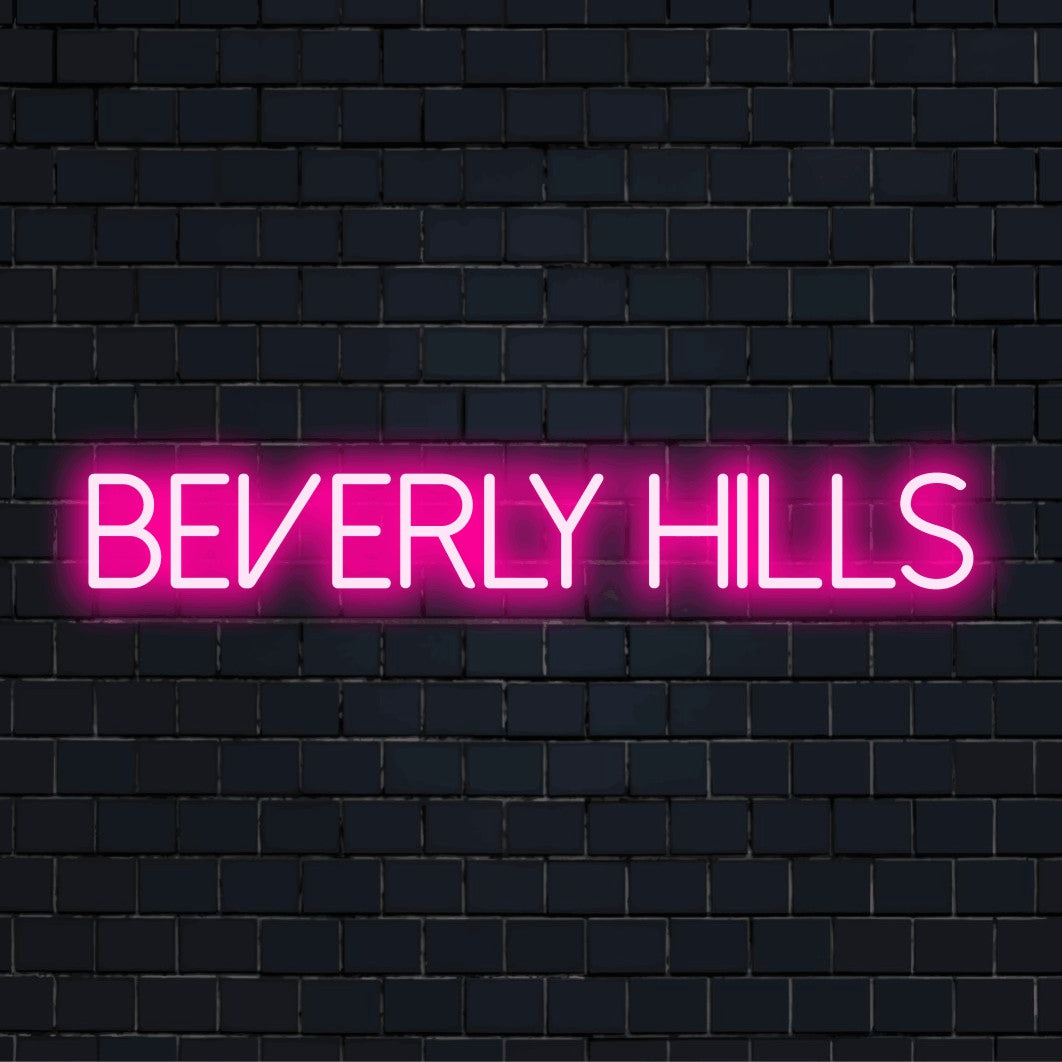 Beverly Hills Neon Sign, glowing wall decor on dark brick wall