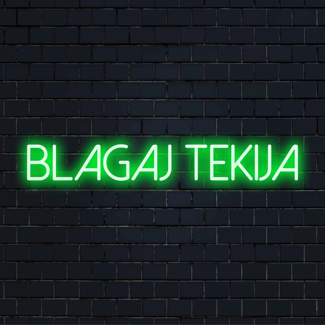 Blagaj Tekija LED Neon Sign, soft neon glow on dark brick wall