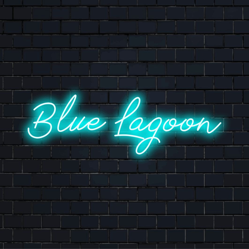 Blue Lagoon Neon Sign, bright neon lettering on black brick background