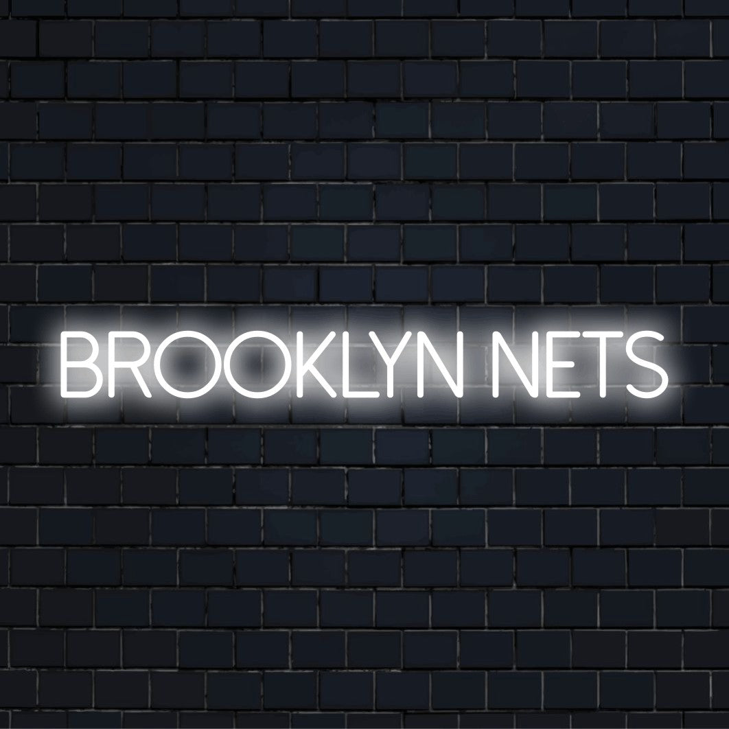 Brooklyn Nets LED Neon Sign, glowing wall decor on black brick background