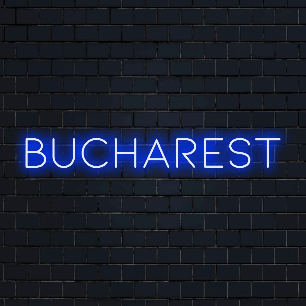 Bucharest LED Neon Sign, bright LED glow on dark brick background
