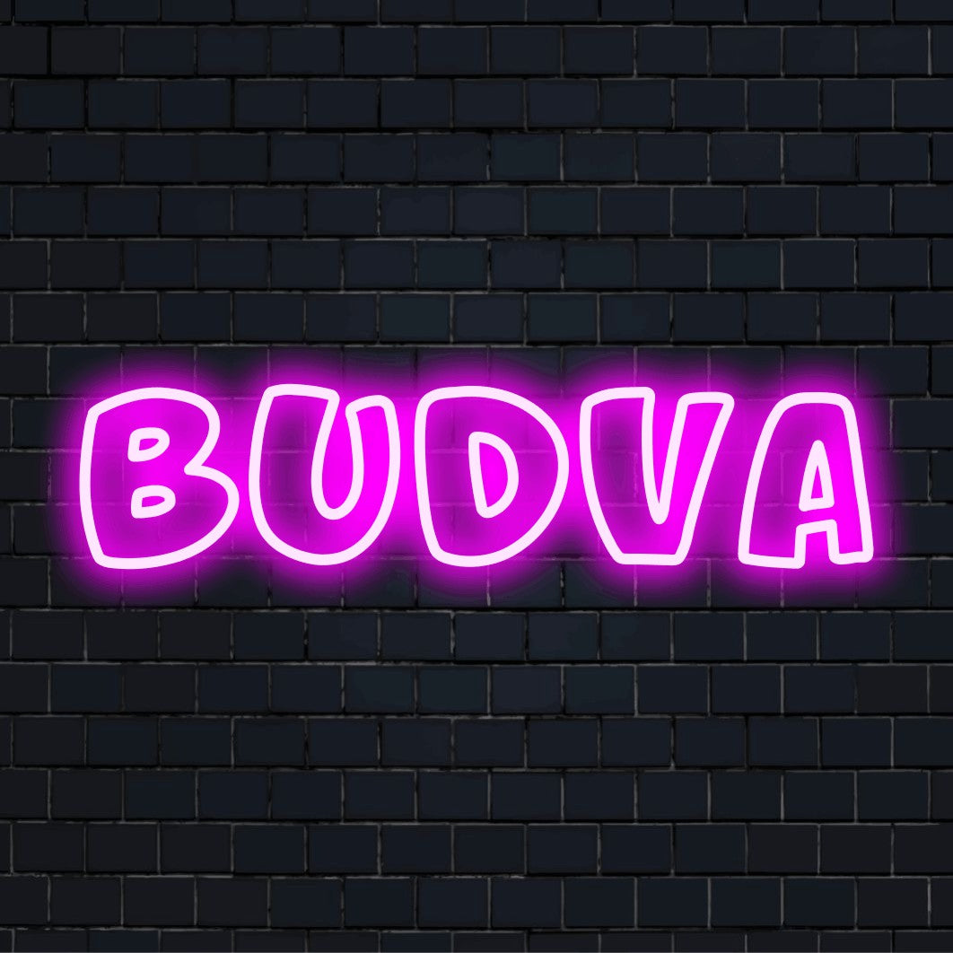 Budva Neon Sign, glowing wall decor on black brick background