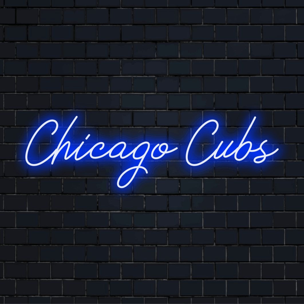 Chicago Cubs LED Neon Sign, soft neon glow on dark brick wall