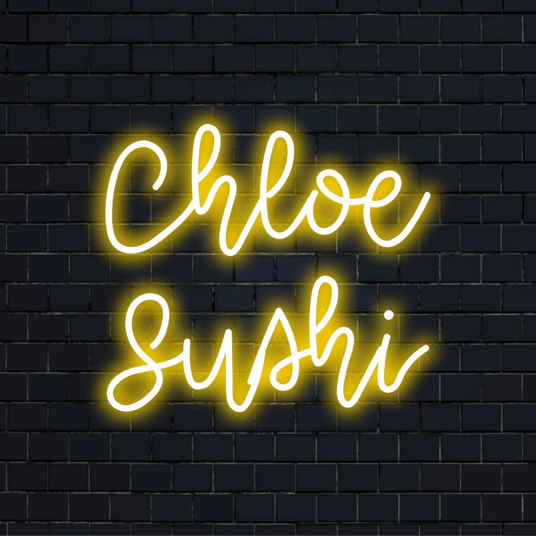 Chloe Sushi Custom Name Neon Sign, bright LED glow against black brick wall