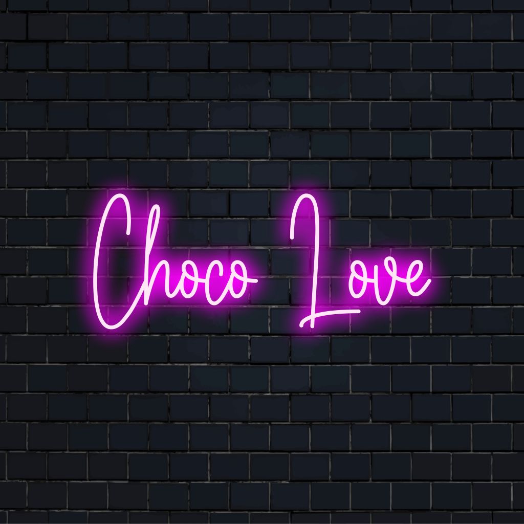 Choco Love LED Neon Sign, glowing neon text against black brick wall