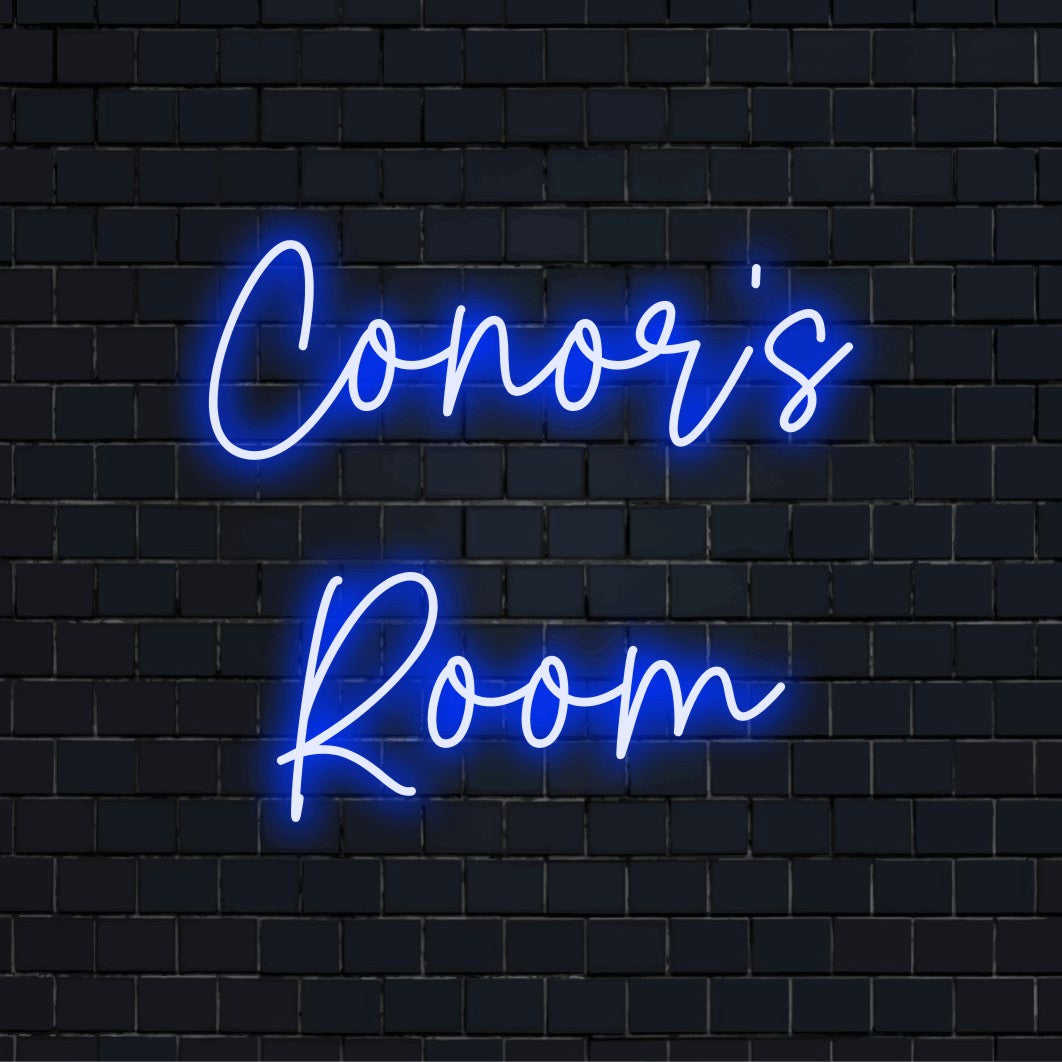 Conor_s Room Personalized LED Neon Sign, bright neon lettering on black brick background