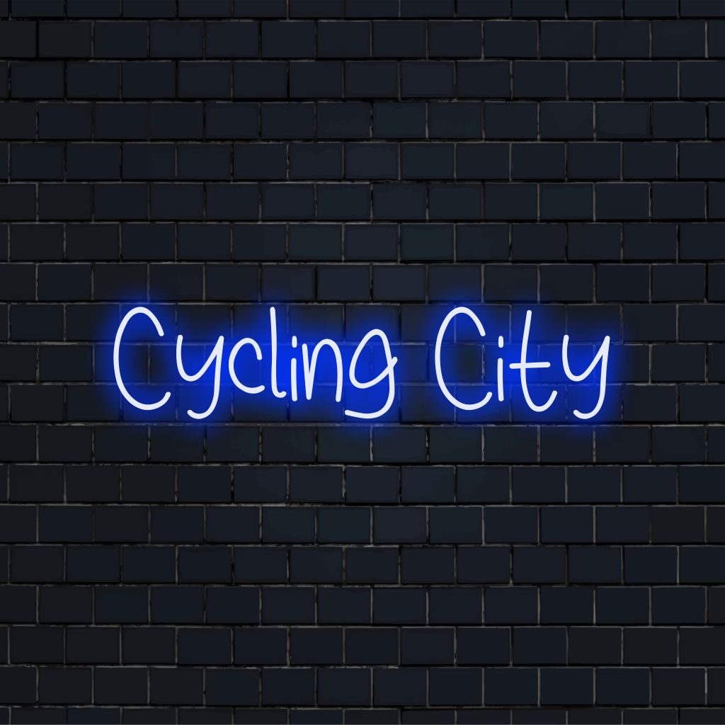 Cycling City Neon Sign, bright LED glow against black brick wall