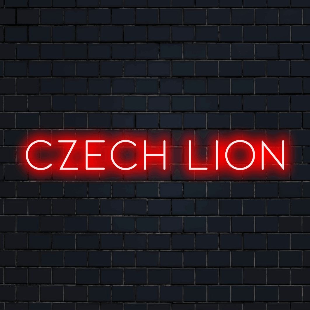 Czech Lion Neon Light with glowing wall decor against black brick wall