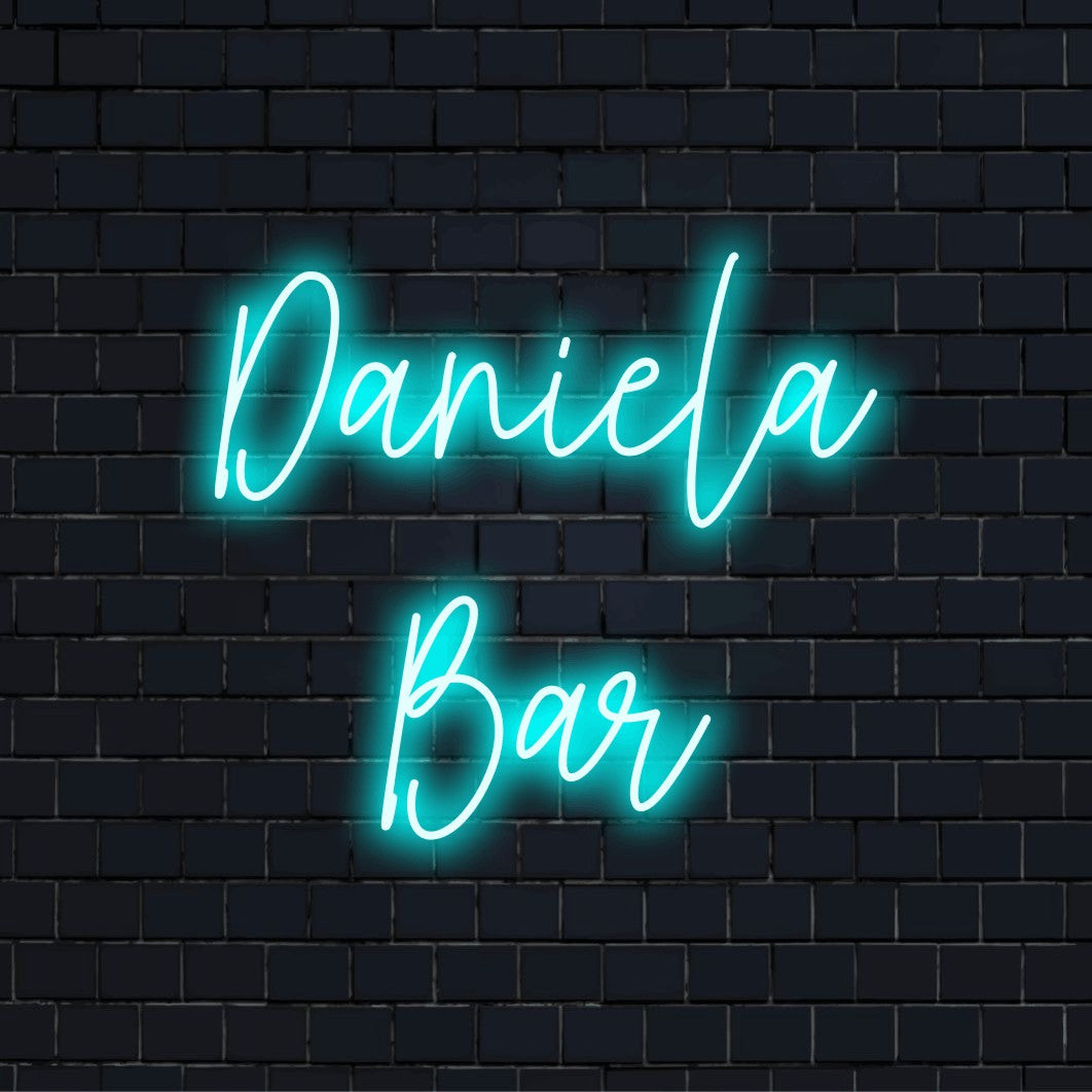 Daniela Bar Personalized LED Neon Sign, glowing neon text on dark brick wall