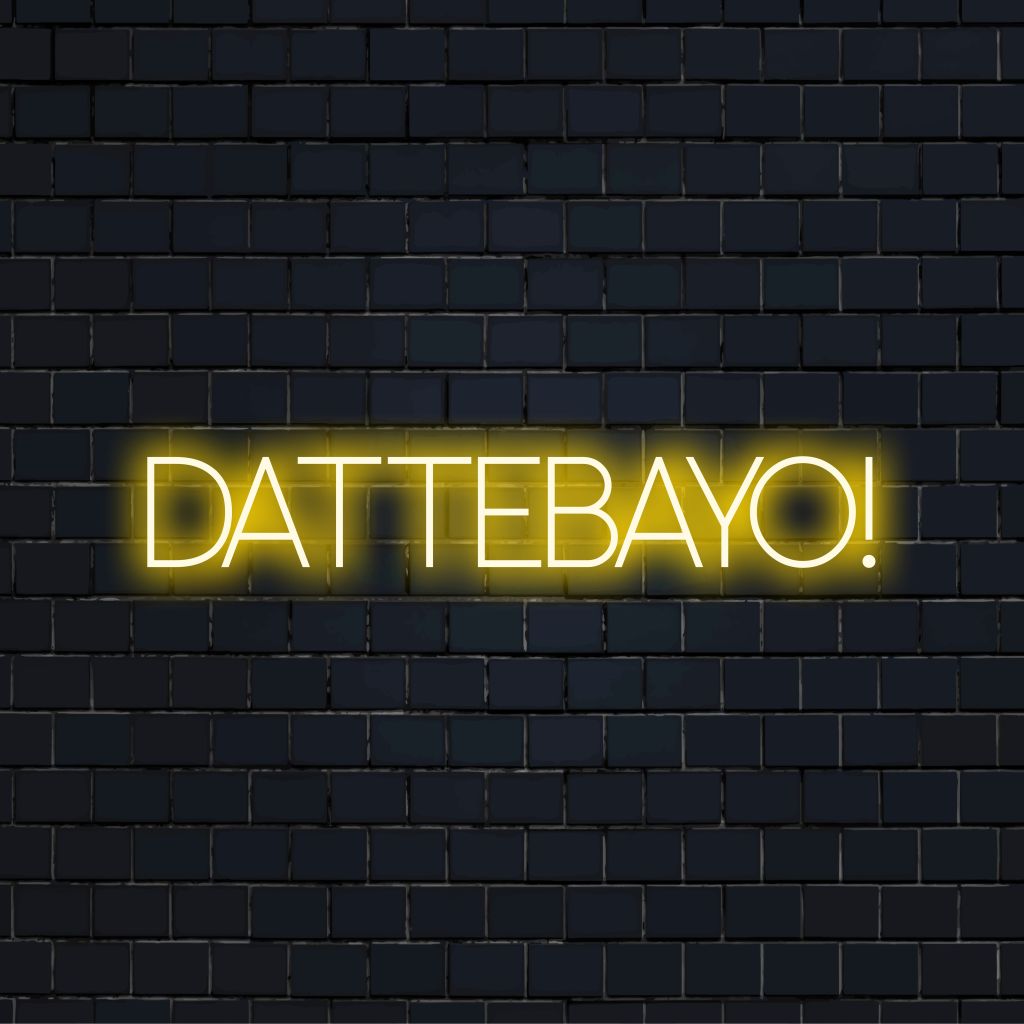 Dattebayo Neon Sign, bright neon glow on black brick background