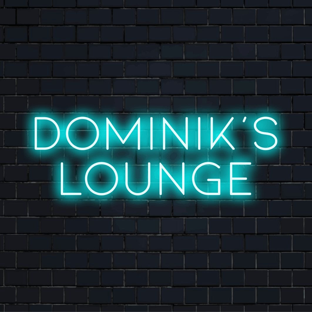 Dominik_s Lounge Personalized Neon Light with bright neon lettering against black brick wall
