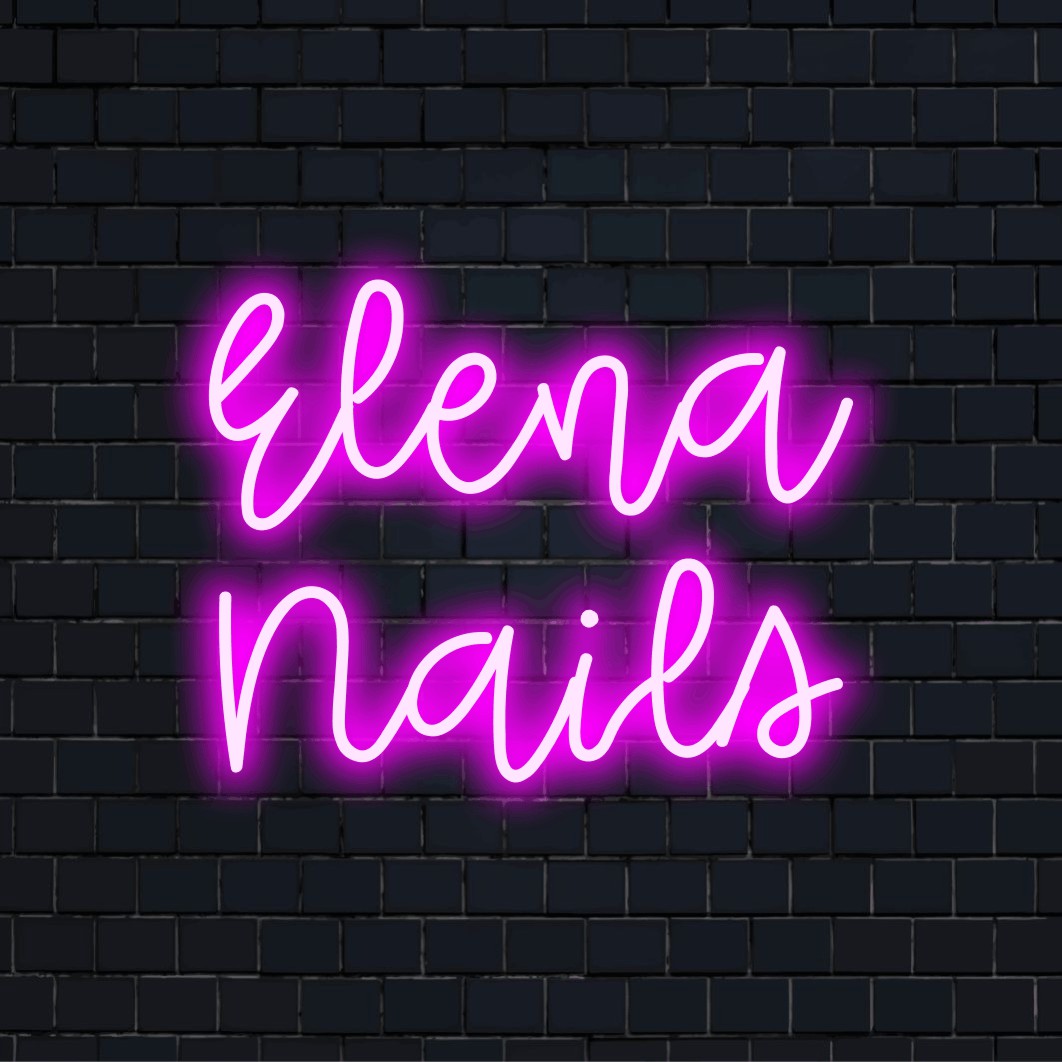 Elena Nails Custom Name Neon Sign, glowing lettering against black brick wall
