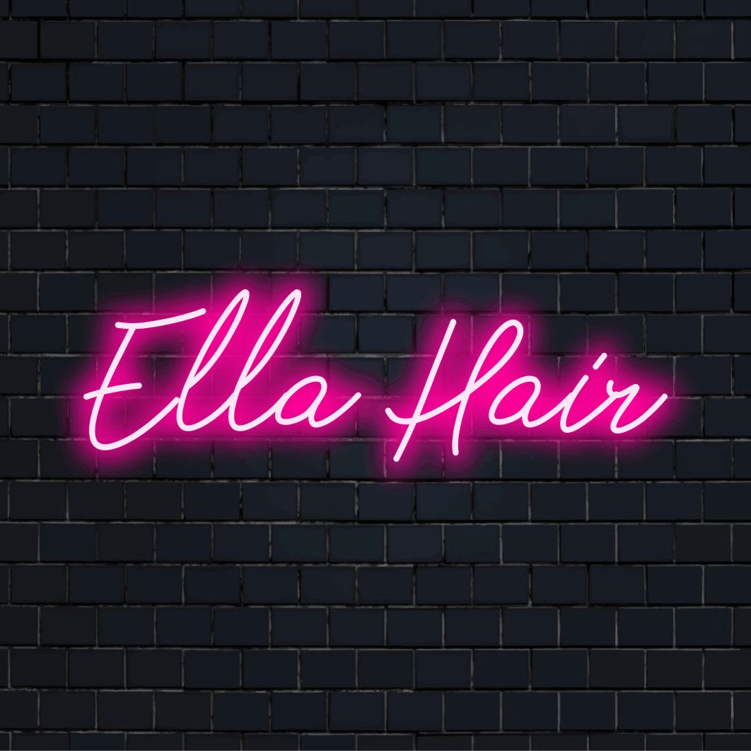 Ella Hair Personalized LED Neon Sign, soft neon glow against brick backdrop