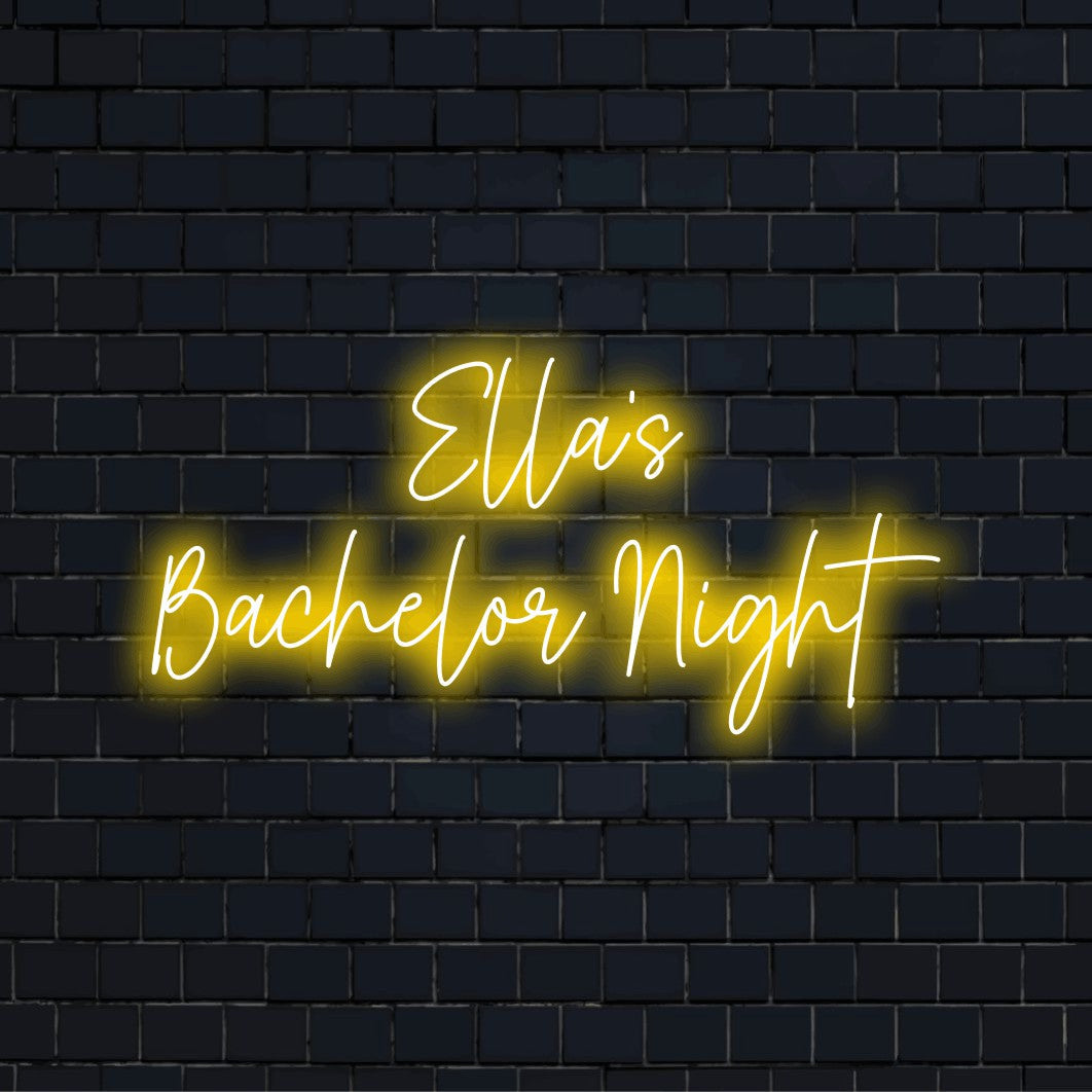Ella_s Bachelor Night Custom Name Neon Sign, neon text light on dark brick background