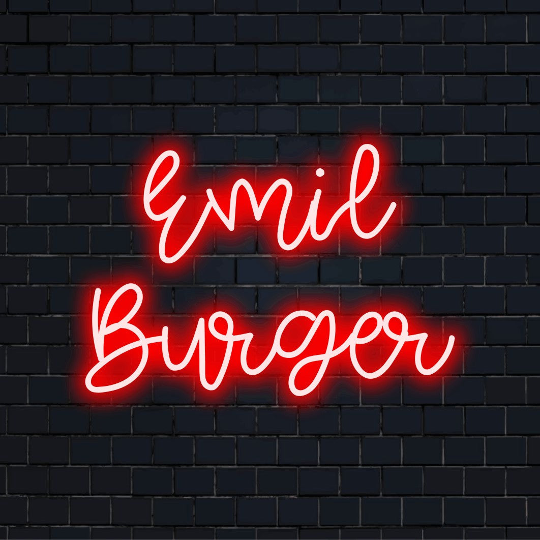 Emil Burger Personalized LED Neon Sign, bright LED glow against brick backdrop