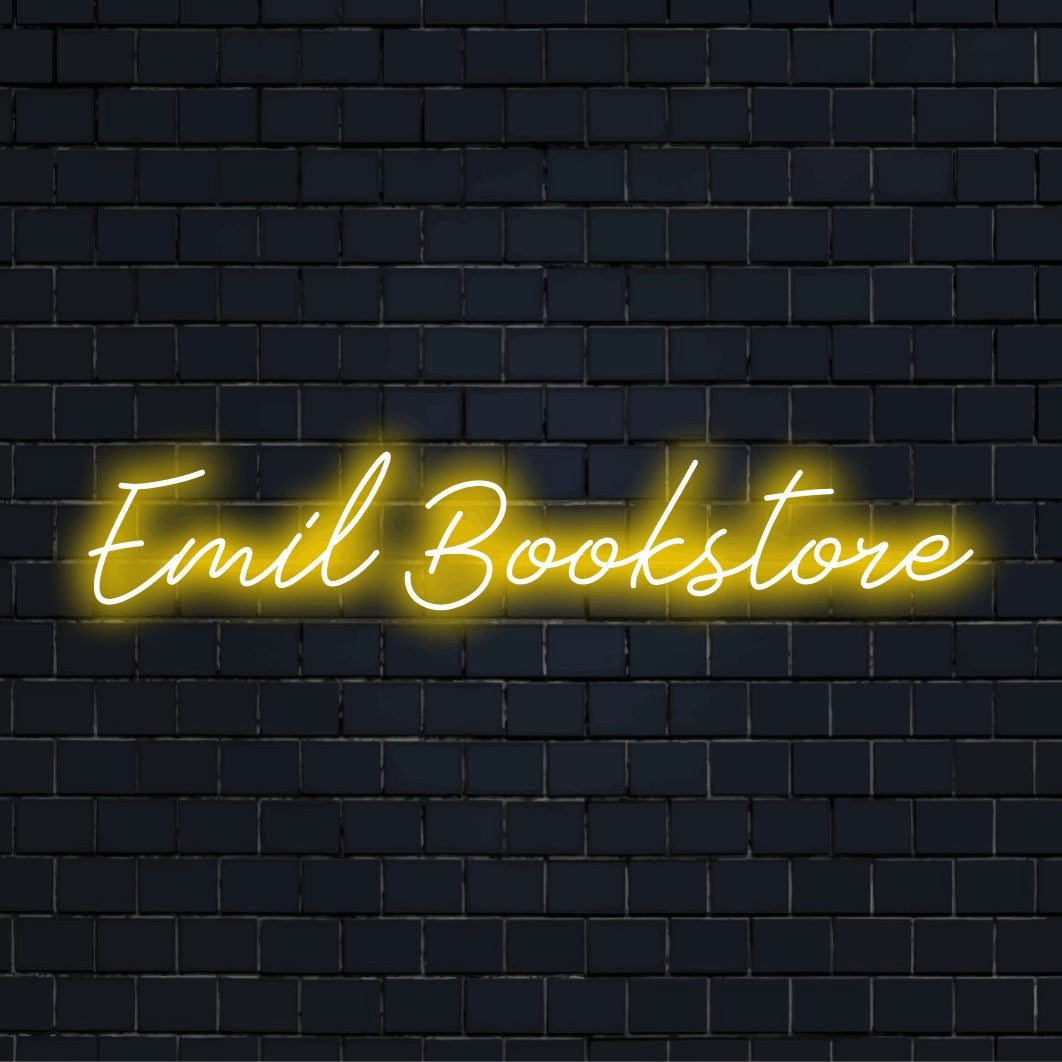 Emil Bookstore Personalized LED Neon Sign, soft neon glow on black brick background
