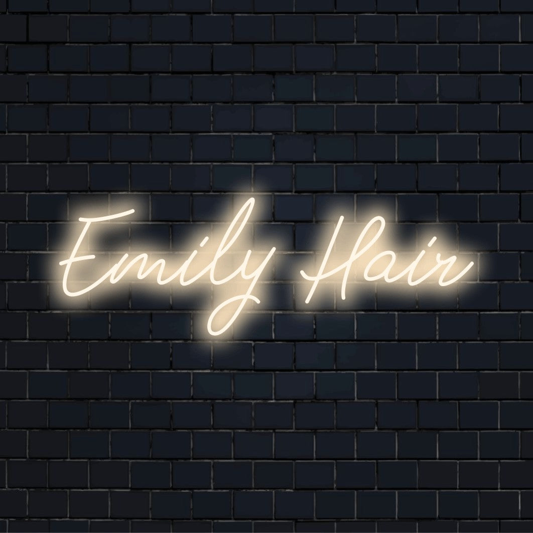 Emily Hair Custom Name Neon Sign, neon text light on dark brick wall