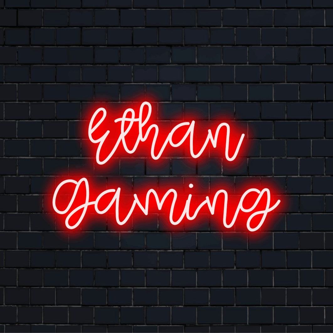 Ethan Gaming Personalized LED Neon Sign, bright neon glow against brick backdrop