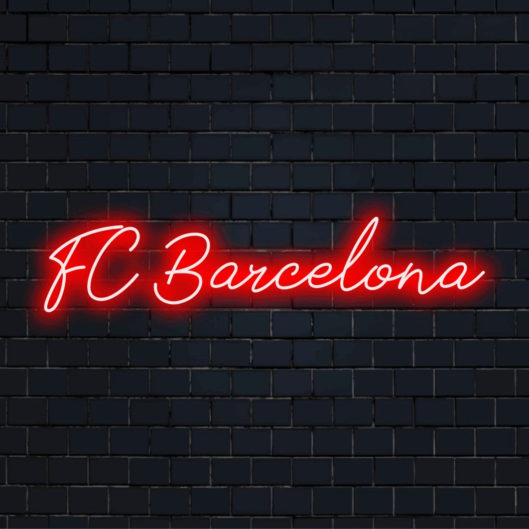 Fc Barcelona Neon Sign, bright LED glow against black brick wall