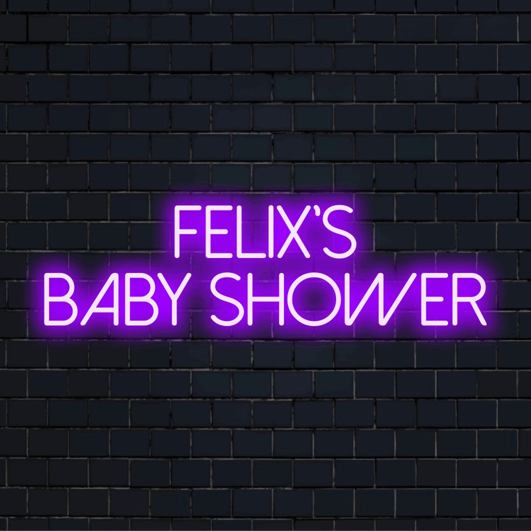 Felix_s Baby Shower Custom Name Neon Sign, glowing neon text on black brick background