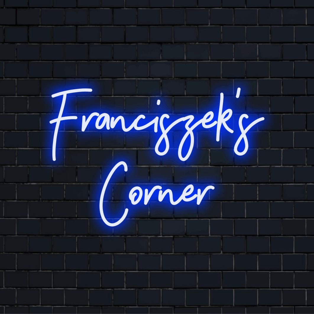 Franciszek_s Corner Custom Name Neon Sign, glowing neon text on dark brick wall