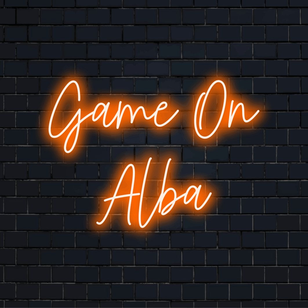 Game On Alba Custom Name Neon Sign, neon text light on dark brick background