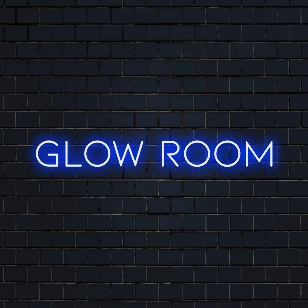 Glow Room Neon Sign, bright LED glow against black brick wall