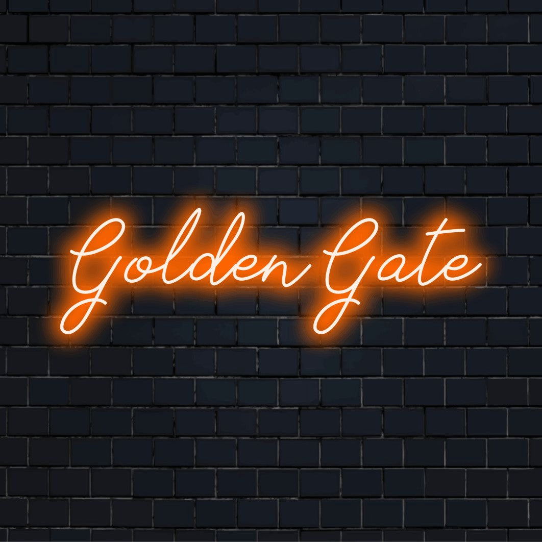 Golden Gate Neon Light with bright neon glow on dark brick wall