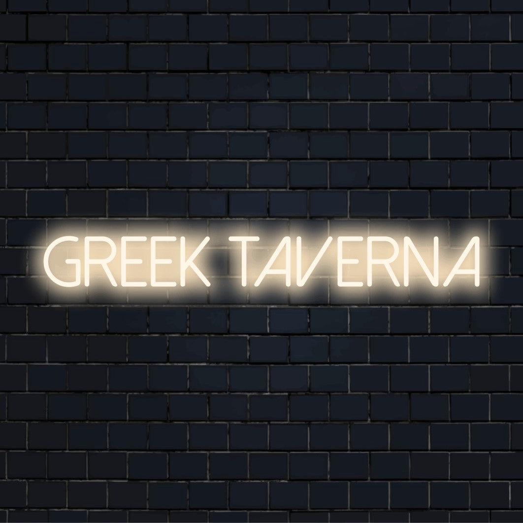 Greek Taverna Neon Sign, glowing wall decor against brick backdrop
