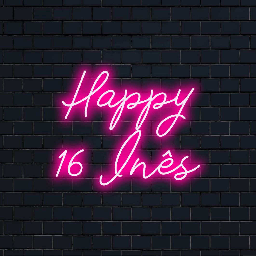 Happy 16 Ines Custom Name Neon Sign, soft neon glow against brick backdrop