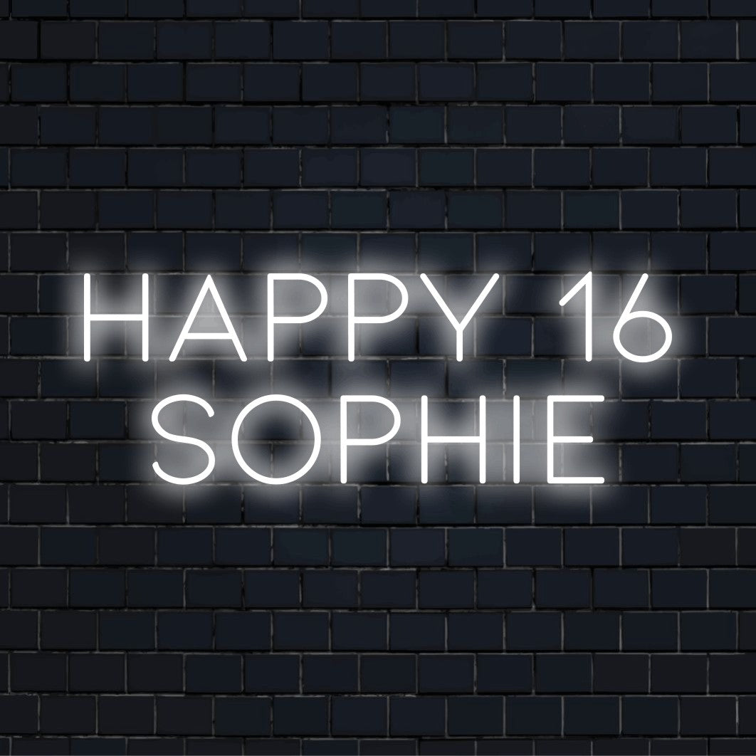 Happy 16 Sophie Personalized Neon Light with soft neon glow against black brick wall