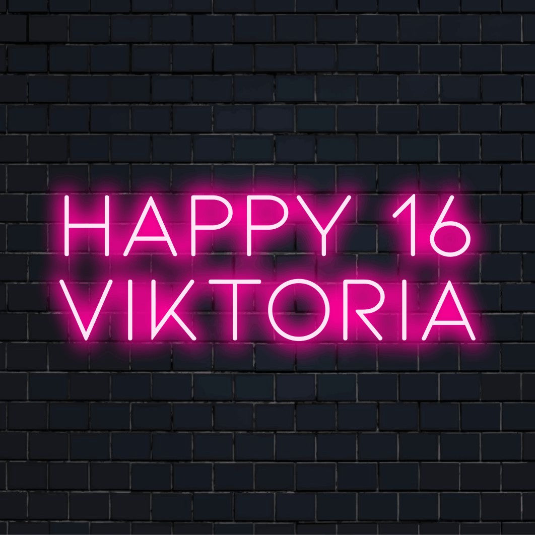 Happy 16 Viktoria Personalized Neon Light with bright neon glow against brick backdrop