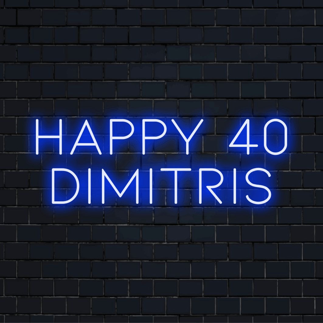Happy 40 Dimitris Personalized Neon Light with glowing wall decor against black brick wall