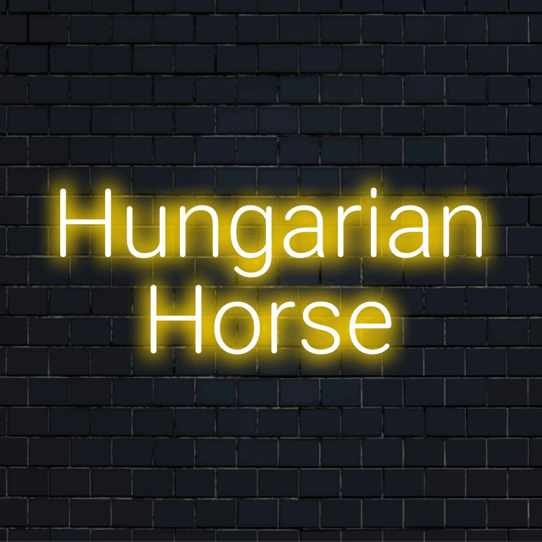 Hungarian Horse Neon Sign, bright neon glow against brick backdrop