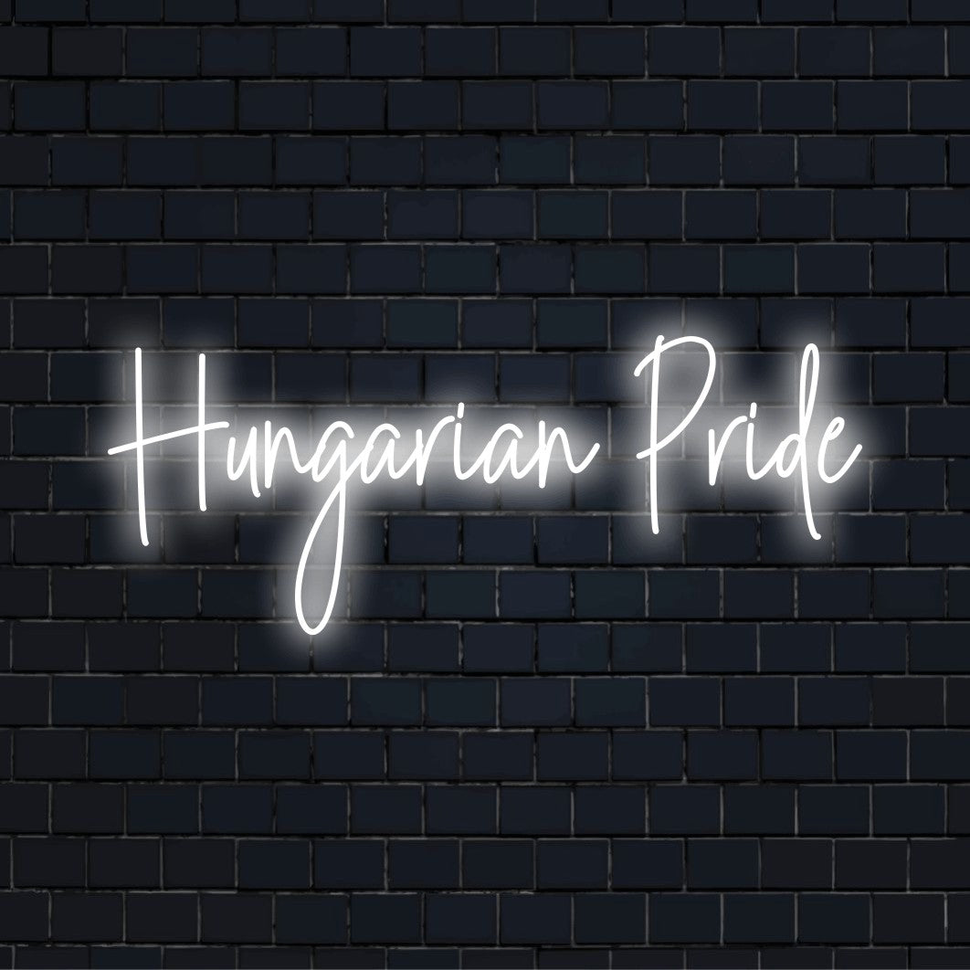 Hungarian Pride LED Neon Sign, bright neon glow against black brick wall