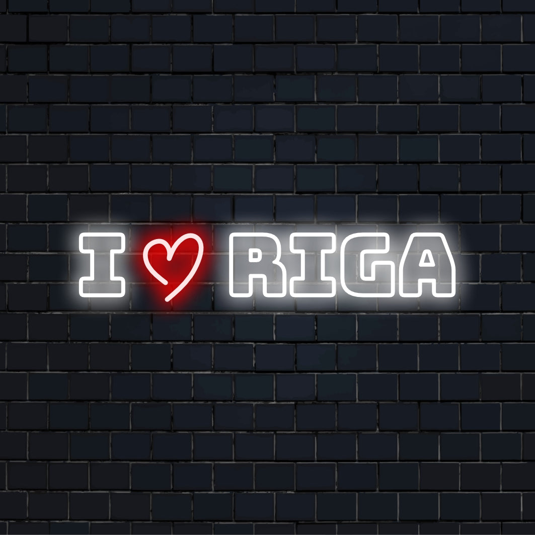 I Love Riga Neon Light with glowing wall decor against brick backdrop