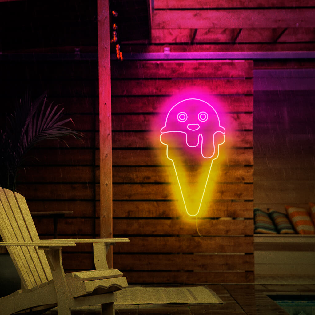 Μια πινακίδα νέον παγωτού για διακόσμηση με θέμα το επιδόρπιο, που εκπέμπει ένα ζωντανό και σαγηνευτικό φως.