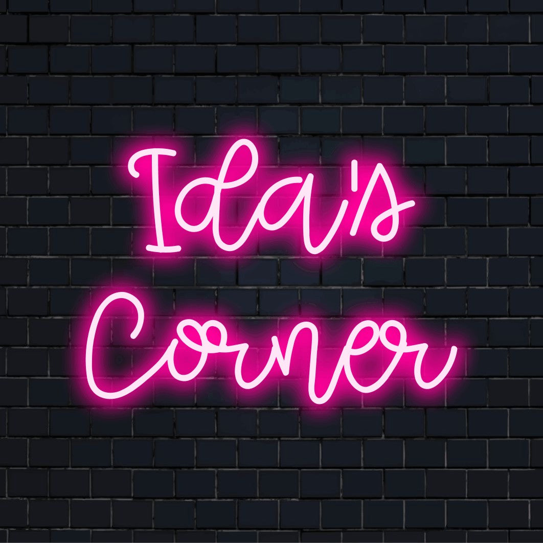 Ida_s Corner Personalized LED Neon Sign, soft neon glow on dark brick background