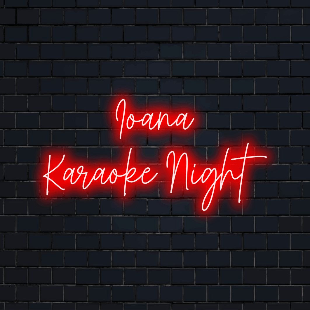 Ioana Karaoke Night Personalized Neon Light with bright neon lettering against black brick wall