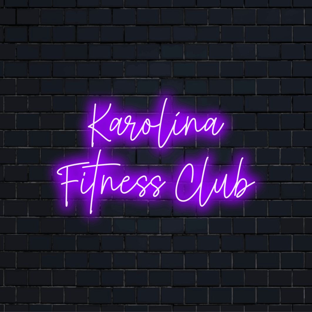 Karolina Fitness Club Custom Name Neon Sign, soft neon glow on dark brick background
