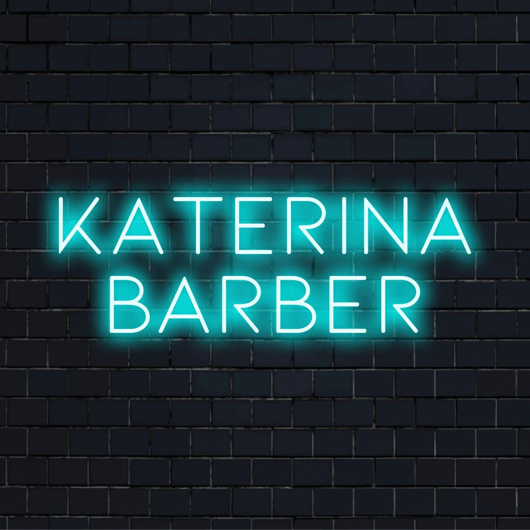 Katerina Barber Personalized LED Neon Sign, neon text light against brick backdrop