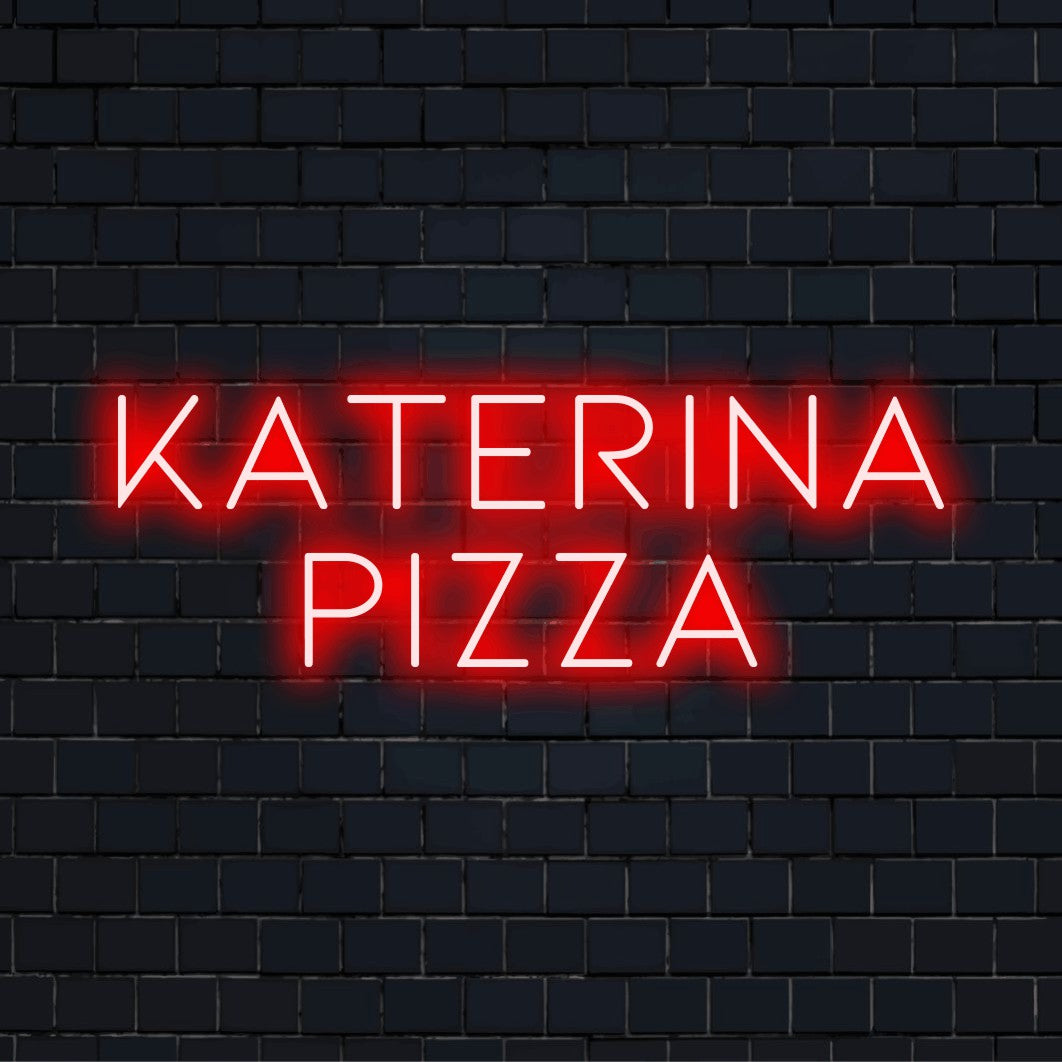 Katerina Pizza Personalized LED Neon Sign, bright neon lettering on black brick background