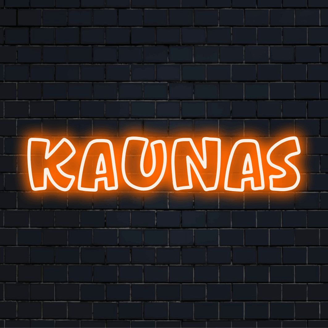 Kaunas LED Neon Sign, glowing neon text on black brick background