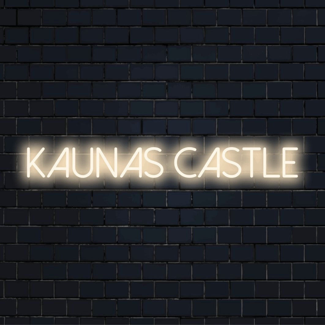 Kaunas Castle Neon Sign, neon text light against black brick wall