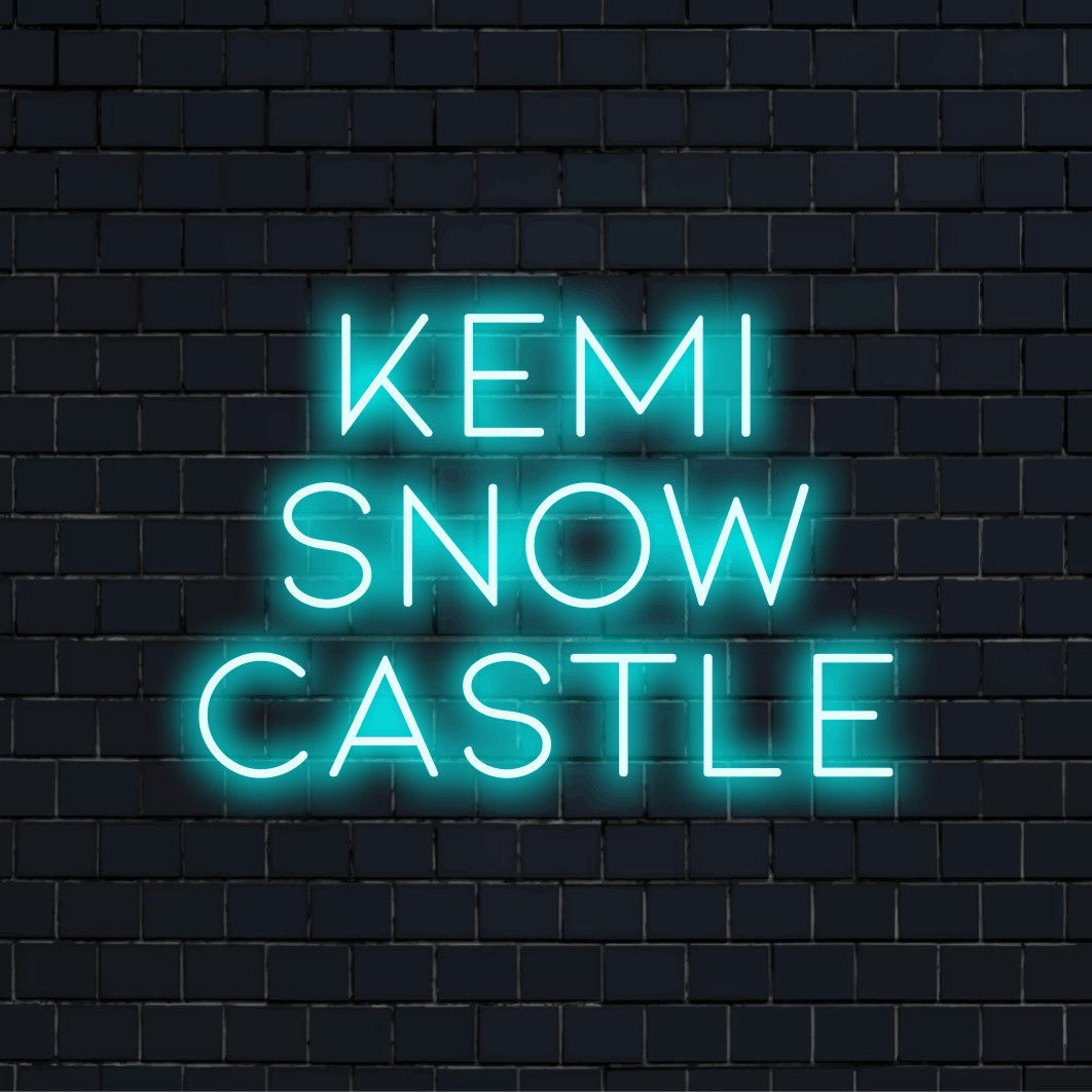 Kemi Snow Castle LED Neon Sign, bright neon lettering on dark brick background