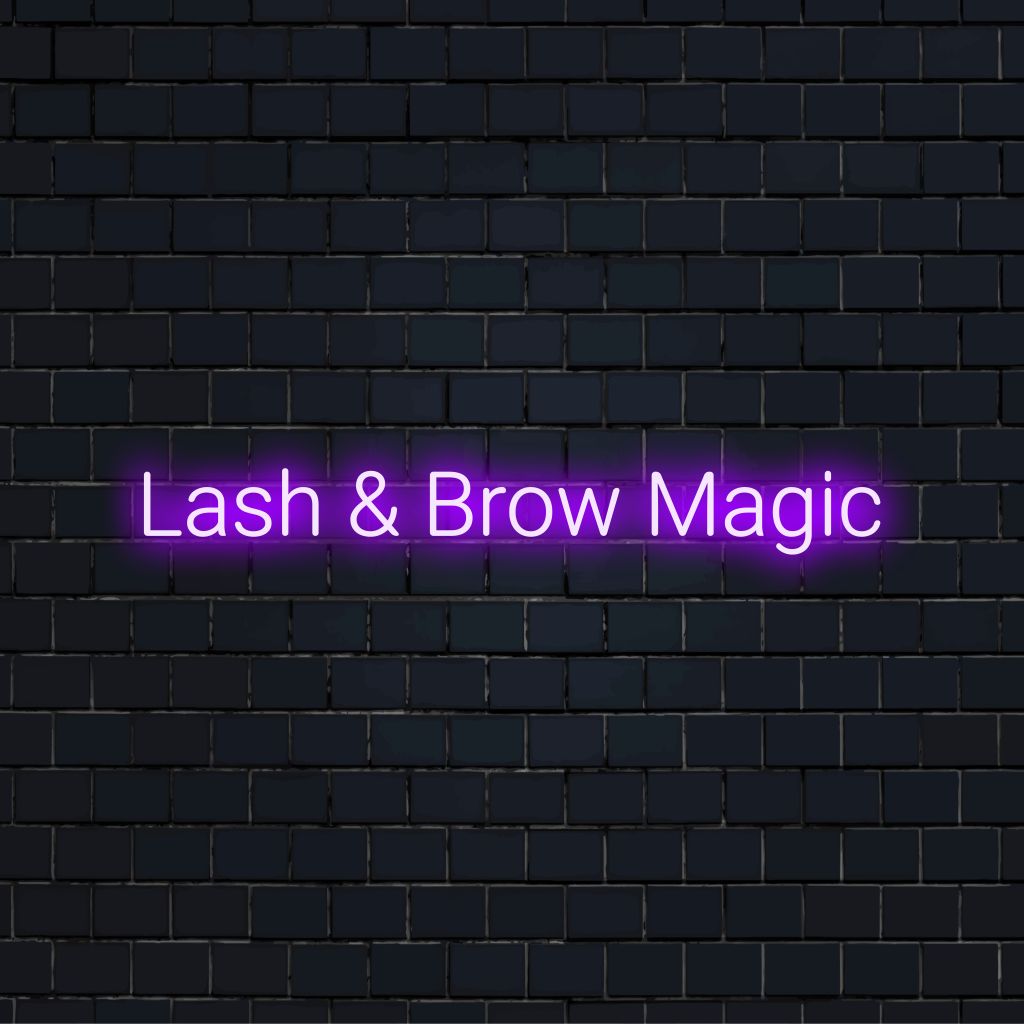 Lash Brow Magic LED Neon Sign, glowing wall decor against brick backdrop