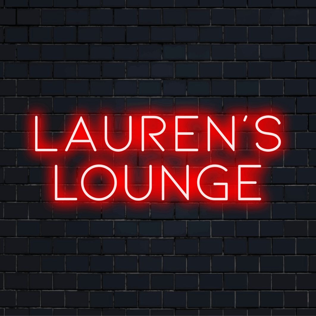 Lauren_s Lounge Custom Name Neon Sign, bright neon lettering on black brick background
