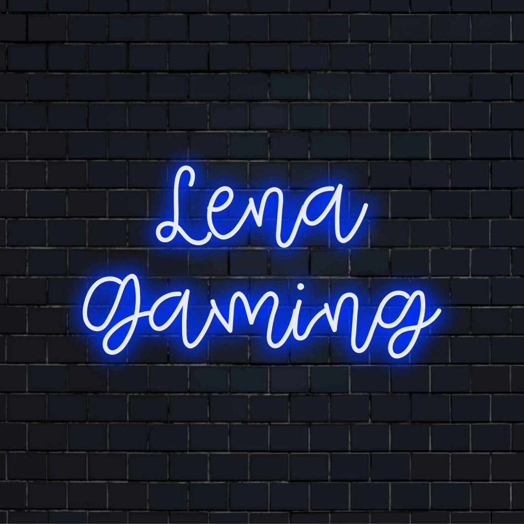 Lena Gaming Personalized LED Neon Sign, bright neon glow against black brick wall