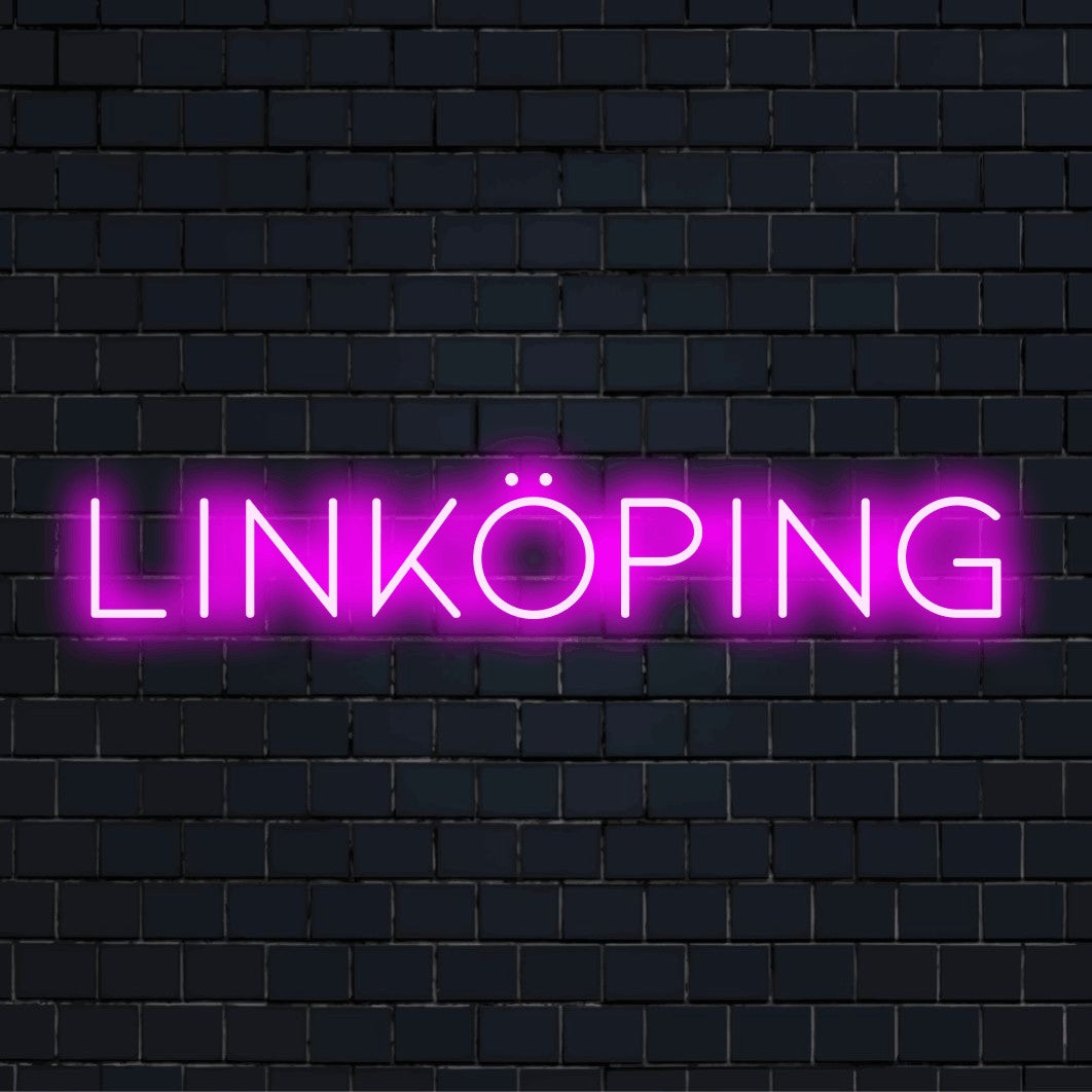 Linkoping Neon Sign, bright LED glow on dark brick background
